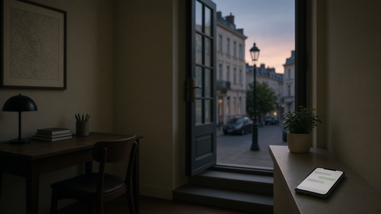 A consulting room with the door open onto a city street at dusk, and a phone with a plain chat on the windowsill