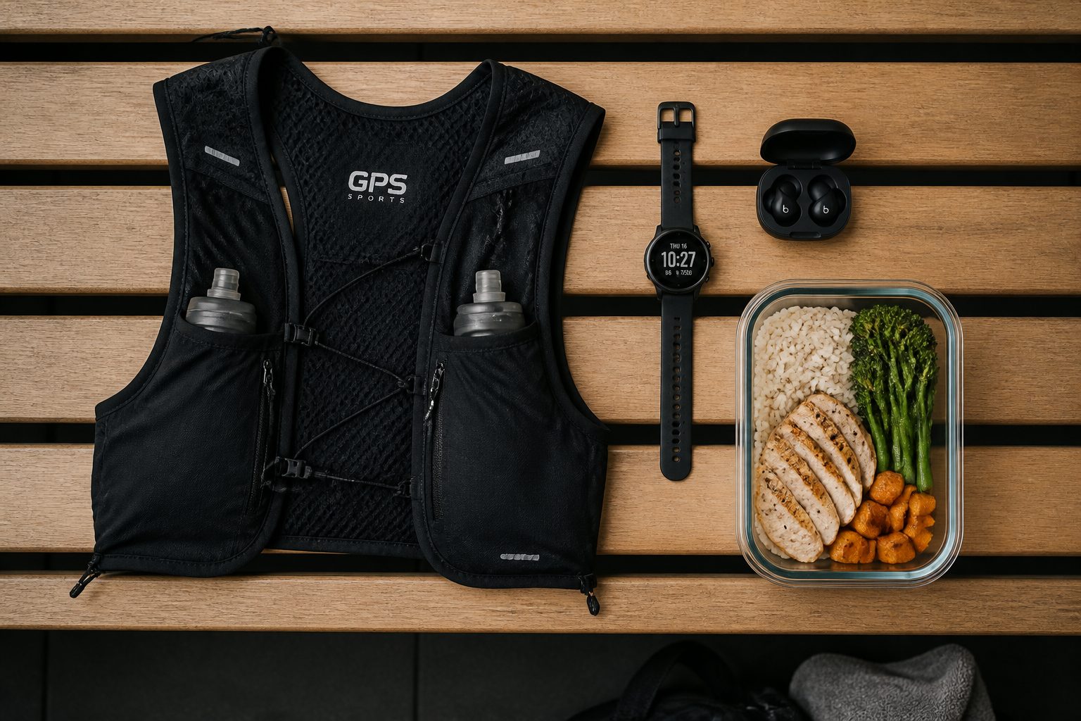 Wearable devices and performance meal on a changing room bench