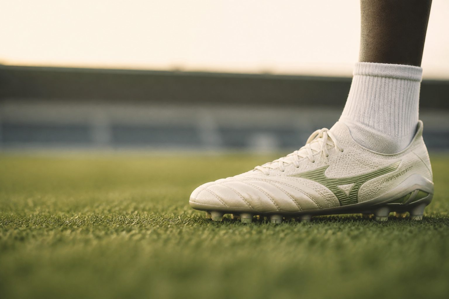 Football boot on a pristine pitch